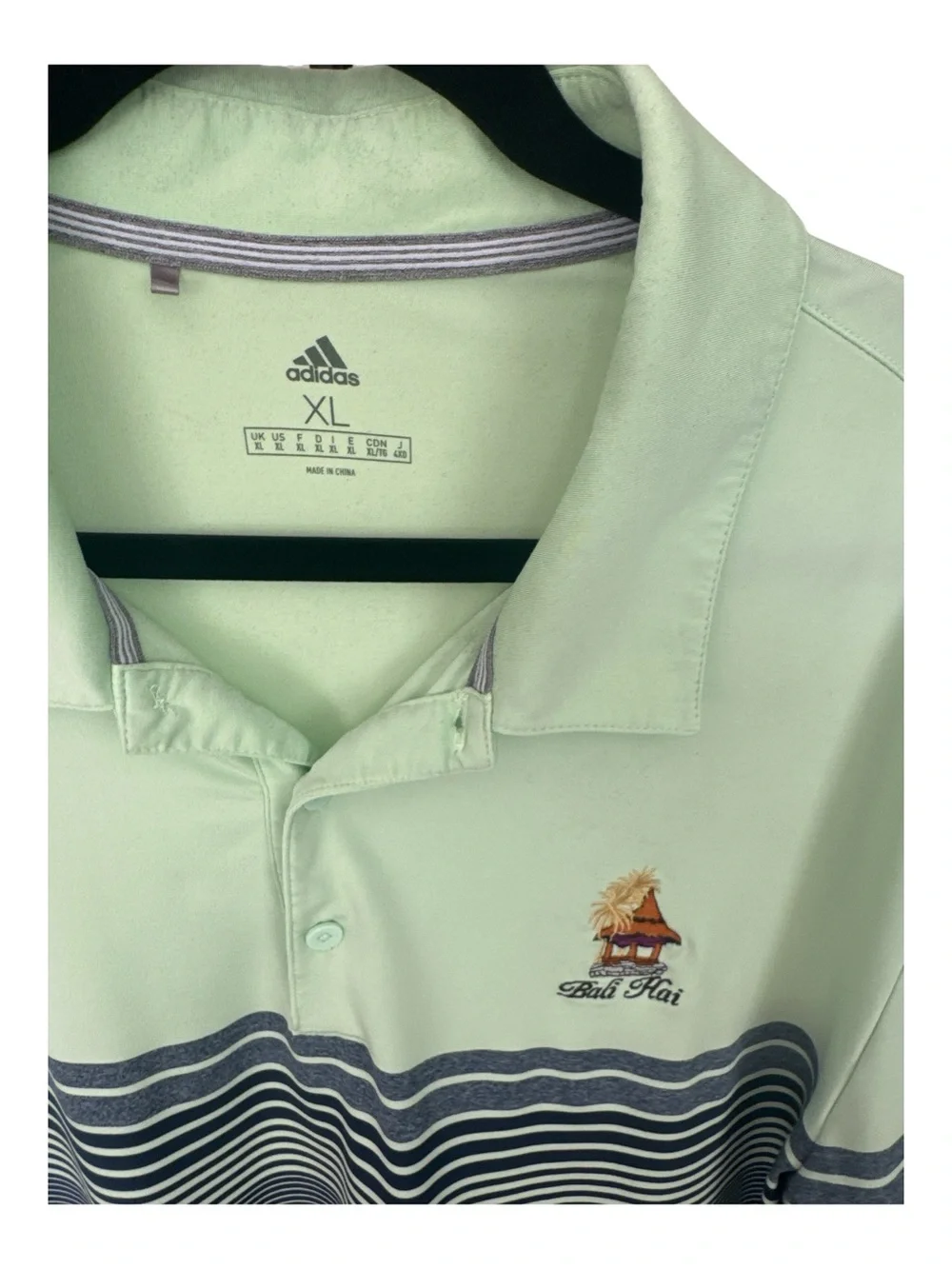 adidas Mint Green and Navy Striped Polo with Tiki Hut Embroidery